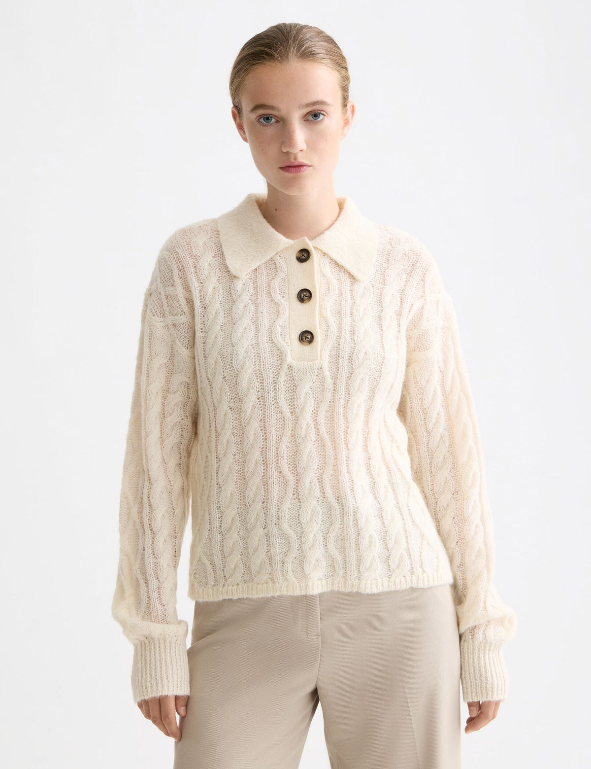 Women's Cable Knit Sweater | Polo Collar Comfort