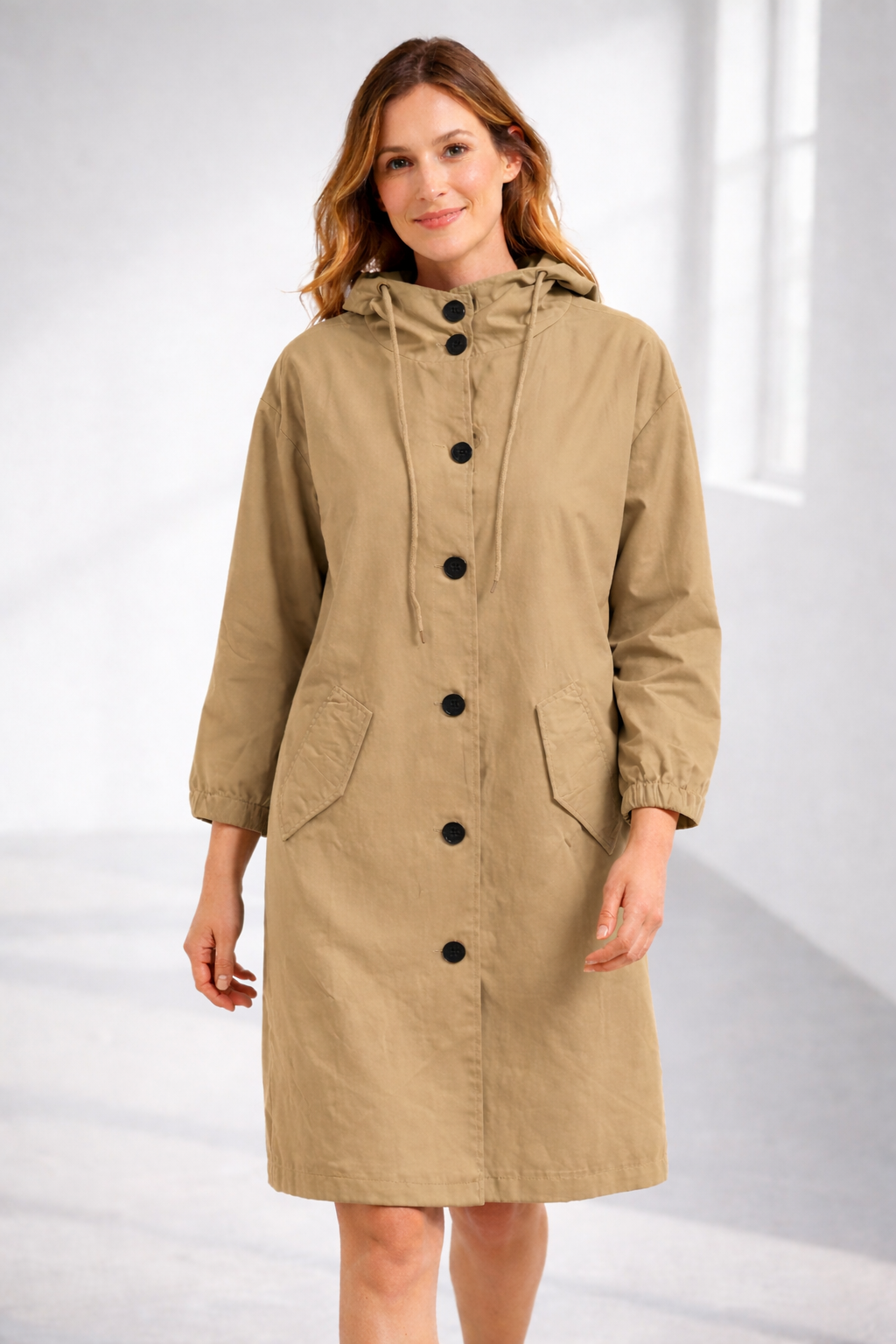 Apricot hooded longline winter coat with patch pockets