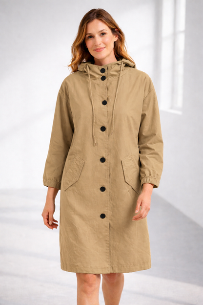 Apricot hooded longline winter coat with patch pockets