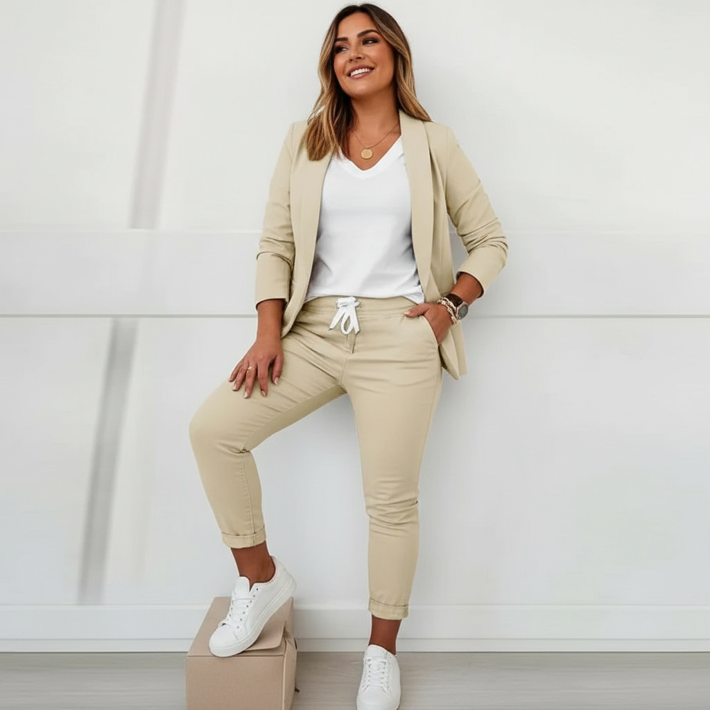 Dames 2-Delige Blazerset – Blazer met Comfortabele Pantalon Beige / S - AIDA LENA