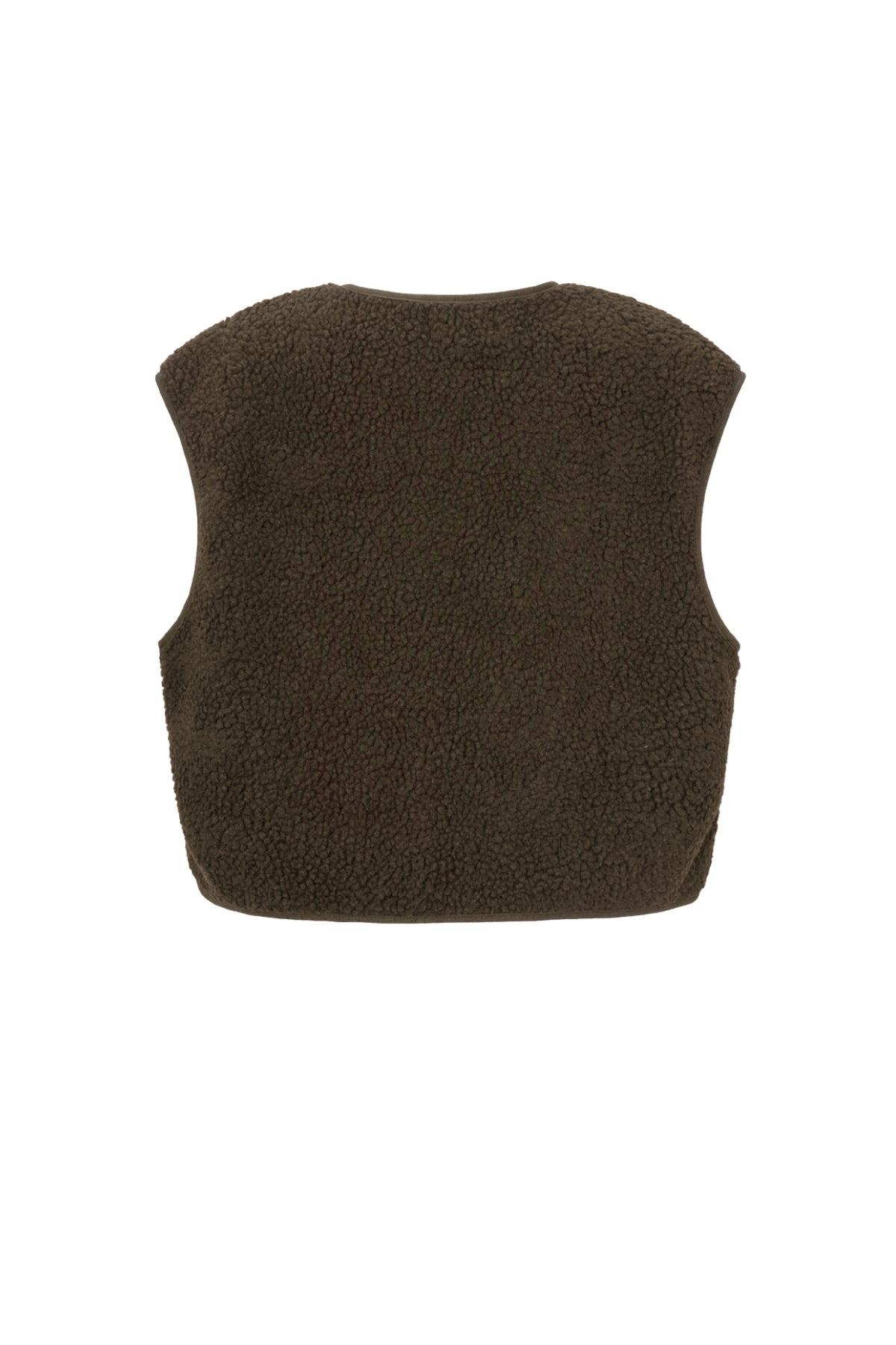 Bruine mouwloze teddyvest van fleece, plat gefotografeerd, achteraanzicht | Boutique Moda