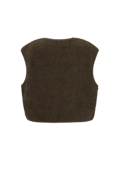 Bruine mouwloze teddyvest van fleece, plat gefotografeerd, achteraanzicht | Boutique Moda