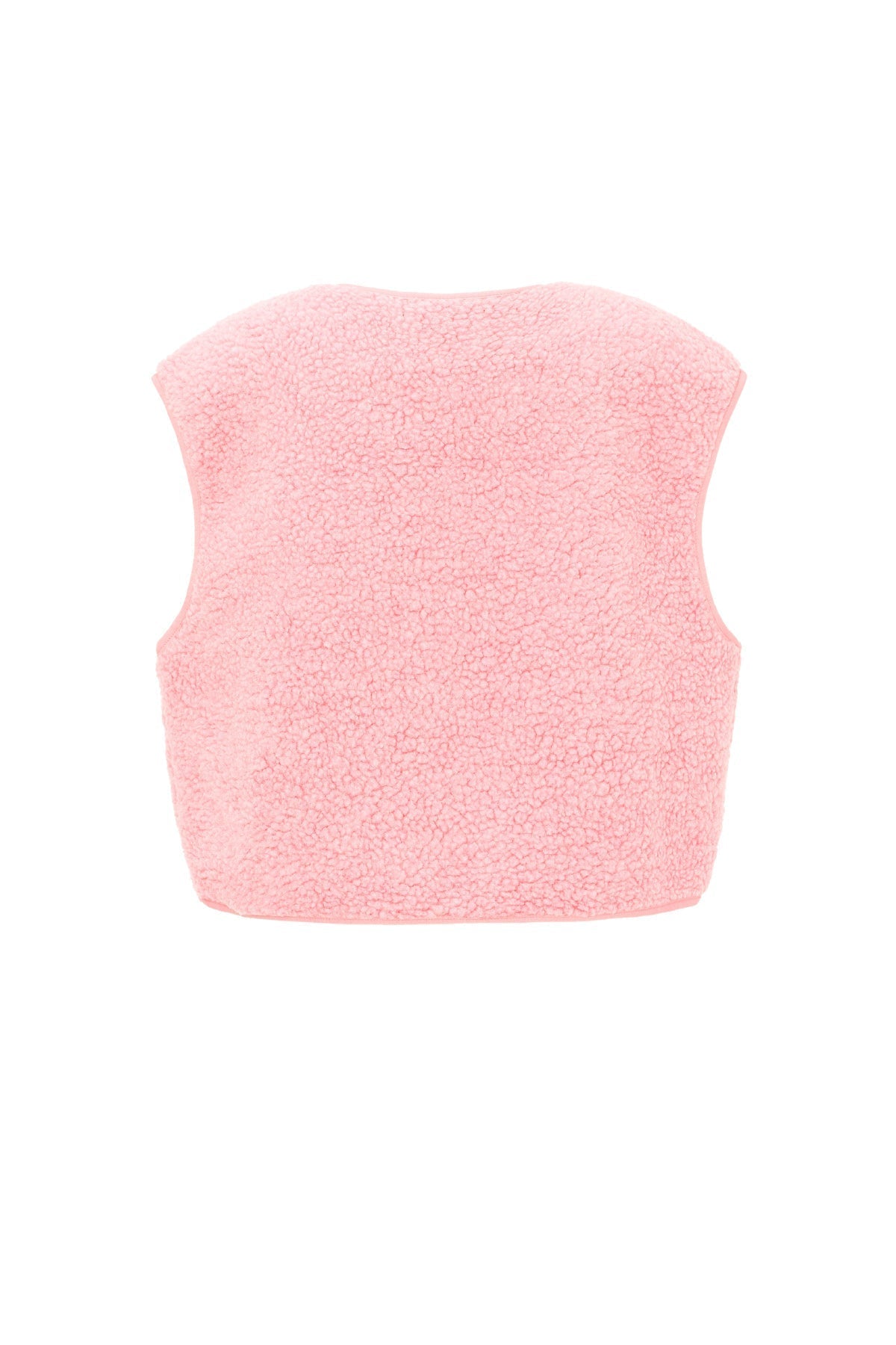 Roze mouwloos teddyvest van fleece stof, plat gefotografeerd, achteraanzicht | Boutique Moda