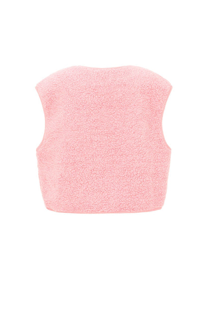Roze mouwloos teddyvest van fleece stof, plat gefotografeerd, achteraanzicht | Boutique Moda