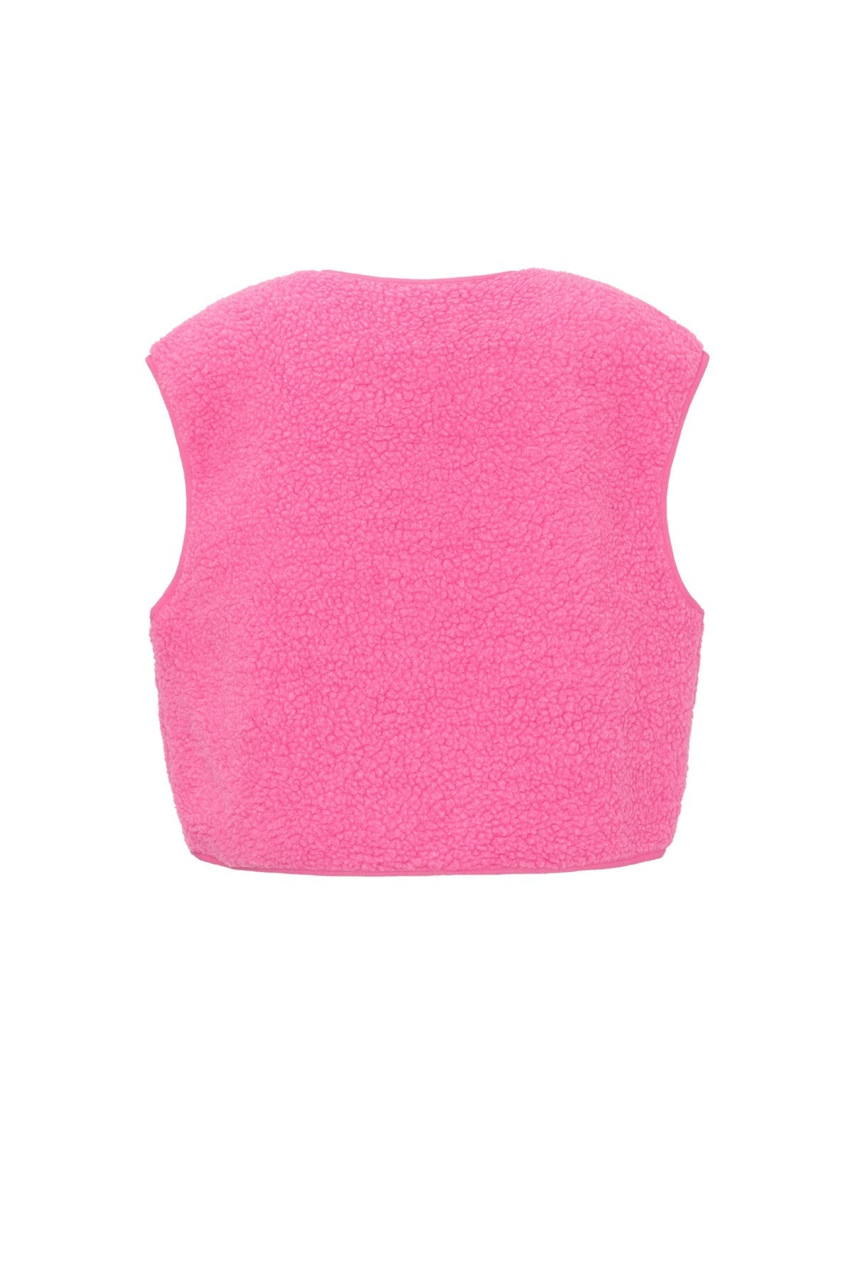 Roze mouwloos teddyvest van fleece stof, achteraanzicht, plat gefotografeerd | Boutique Moda