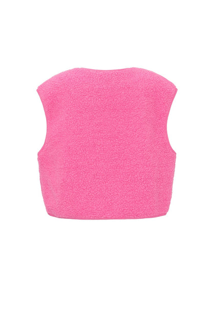 Roze mouwloos teddyvest van fleece stof, achteraanzicht, plat gefotografeerd | Boutique Moda