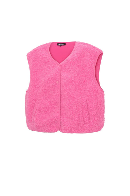 Roze mouwloos teddy vest met V-hals, plat gefotografeerd op witte achtergrond | Boutique Moda