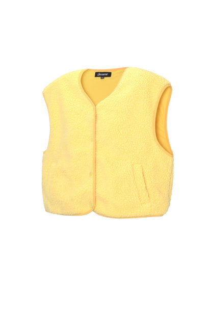 Geel mouwloos teddyvest van fleece, plat vlak vooraanzicht | Boutique Moda