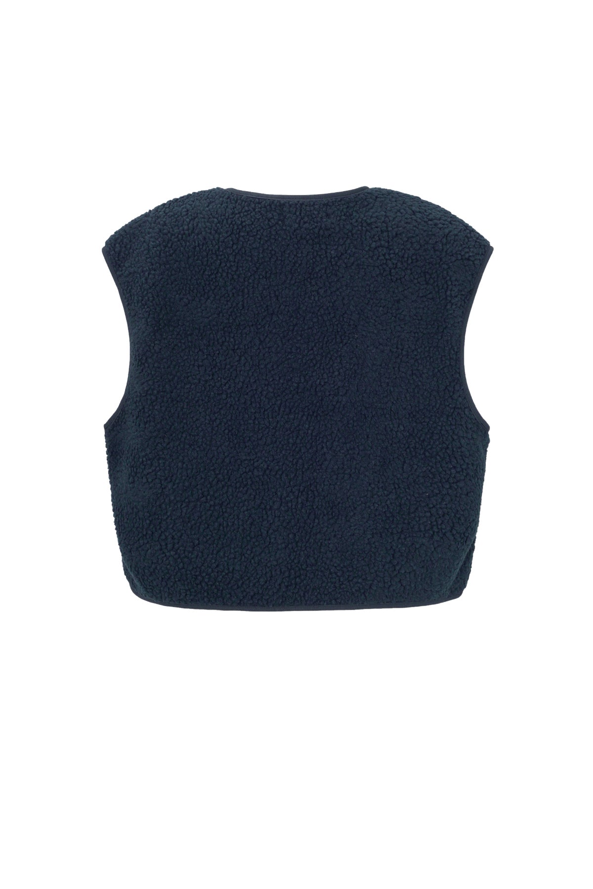 Donkerblauw mouwloos teddyvest van fleece, plat liggend gefotografeerd, achteraanzicht | Boutique Moda