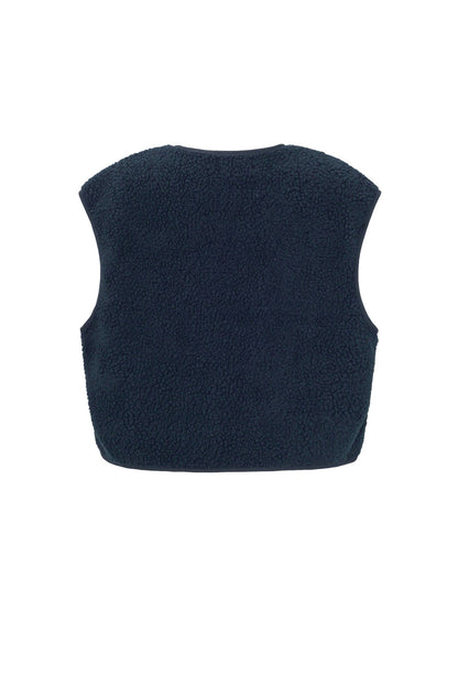 Donkerblauw mouwloos teddyvest van fleece, plat liggend gefotografeerd, achteraanzicht | Boutique Moda