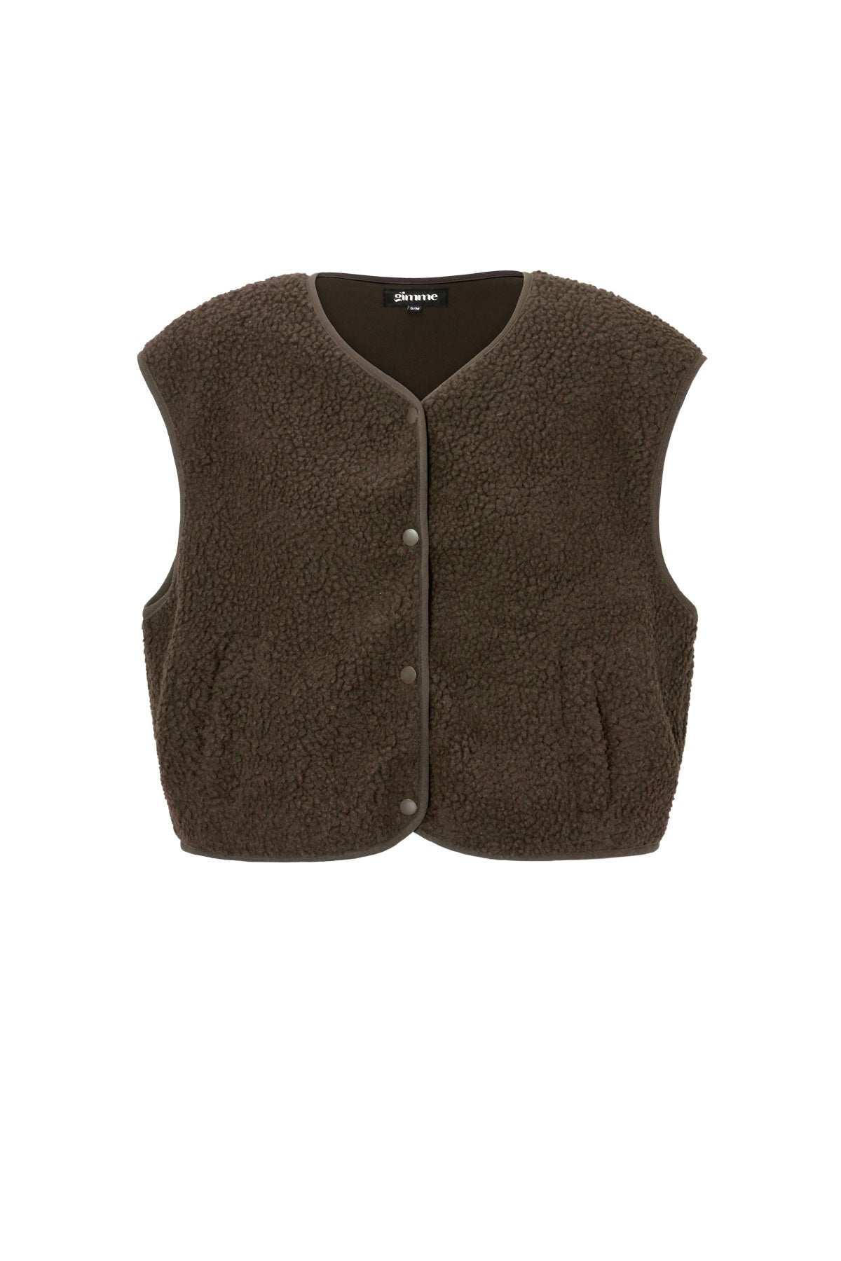 Bruine mouwloze teddy vest met knopen, plat gefotografeerd zonder model | Boutique Moda