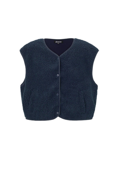 Donkerblauw mouwloos teddy vest met knopen, plat gefotografeerd | Boutique Moda