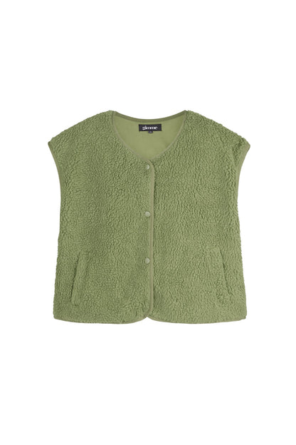 Groen mouwloos teddyvest met knopen, plat gefotografeerd op witte achtergrond | Boutique Moda