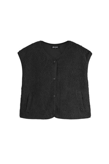 Zwart mouwloos teddyvest met ronde hals, plat gefotografeerd | Boutique Moda