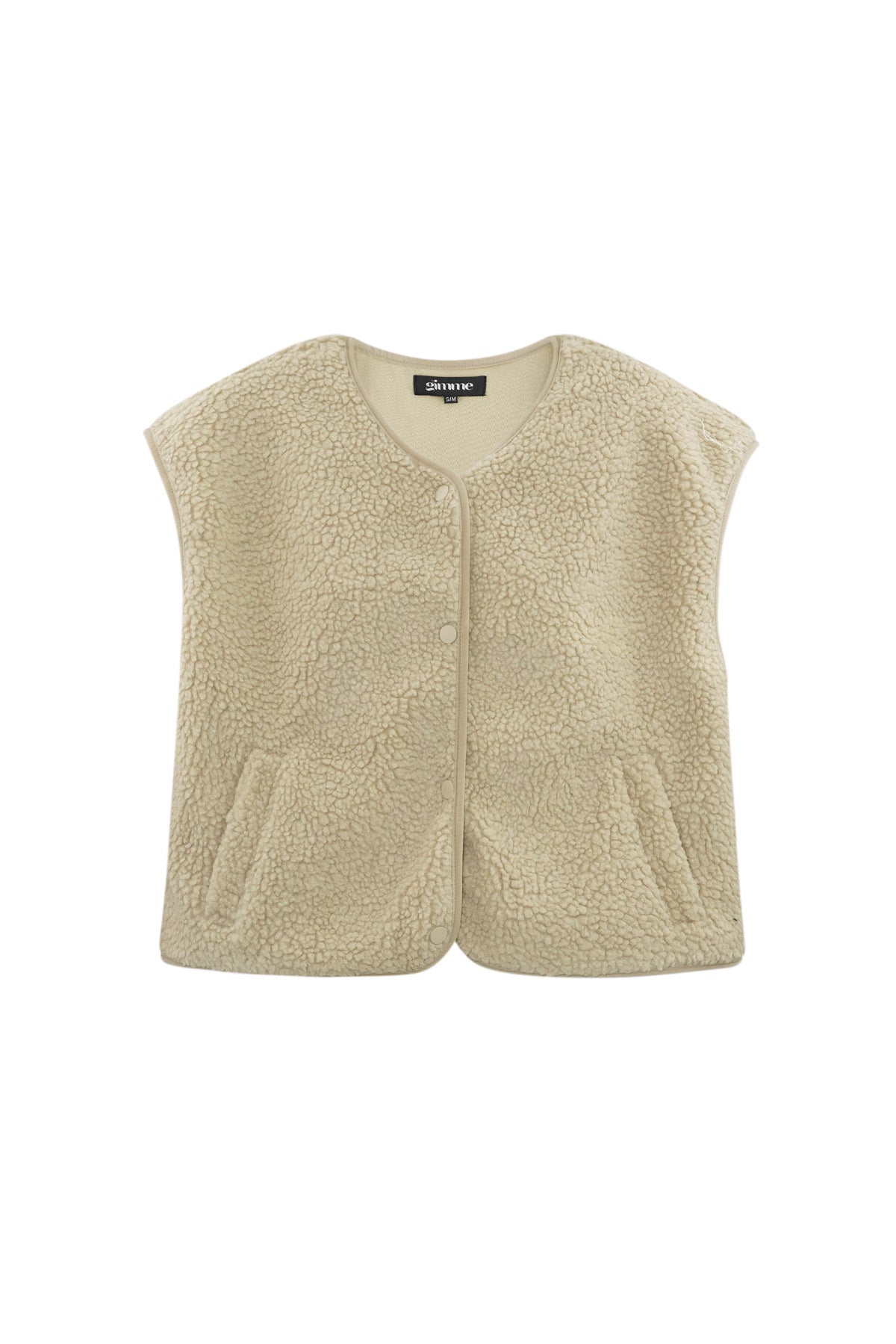 Beige mouwloos teddyvest met knopen, plat uitgestald, zonder mannequin | Boutique Moda