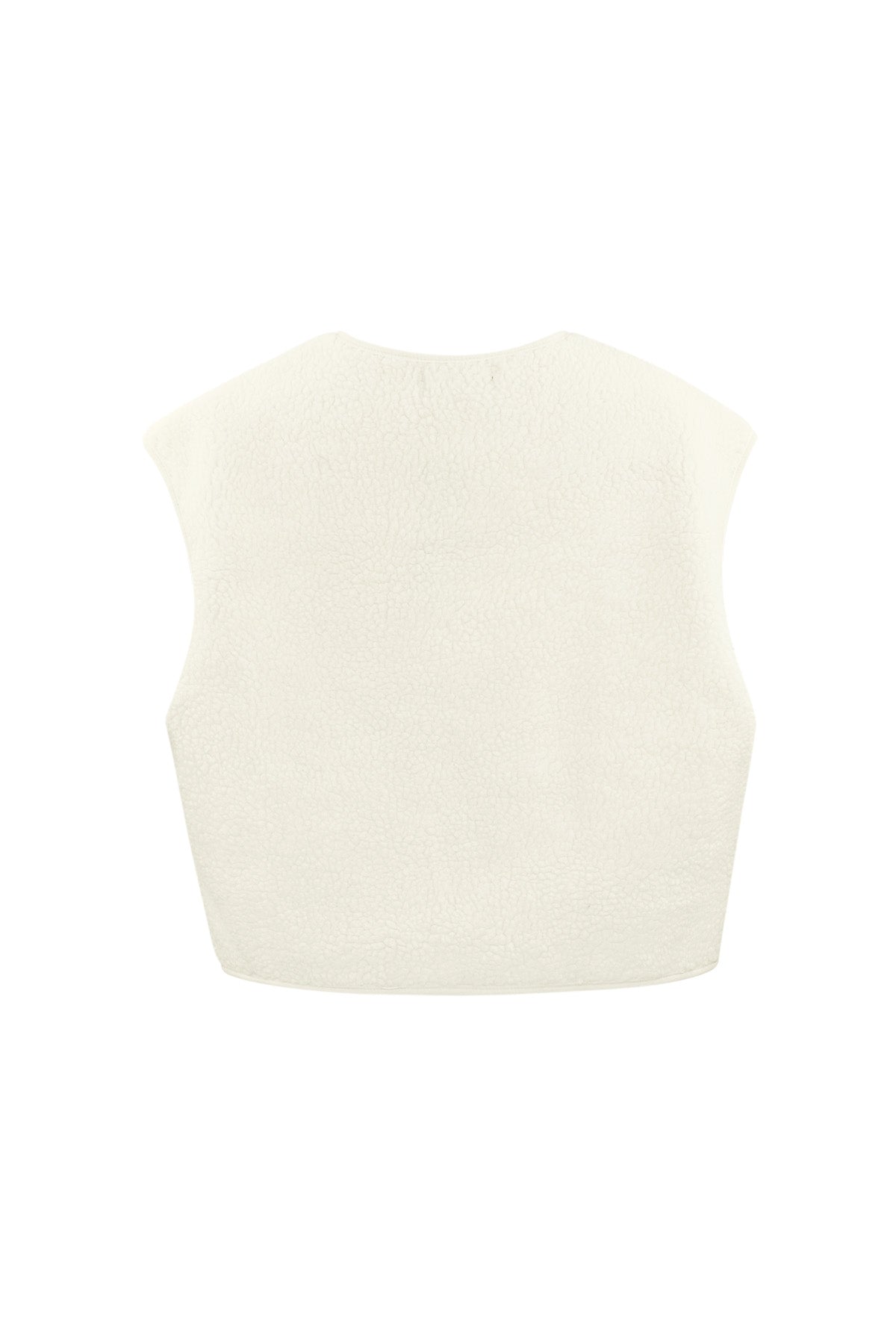 Crème kleurige mouwloze teddy vest, achteraanzicht, uitgestald op onzichtbare mannequin | Boutique Moda