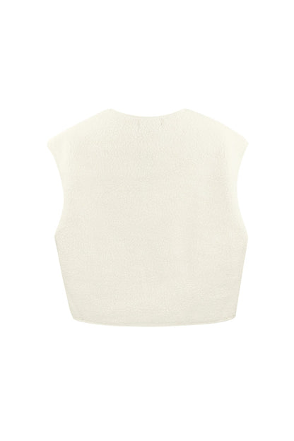 Crème kleurige mouwloze teddy vest, achteraanzicht, uitgestald op onzichtbare mannequin | Boutique Moda
