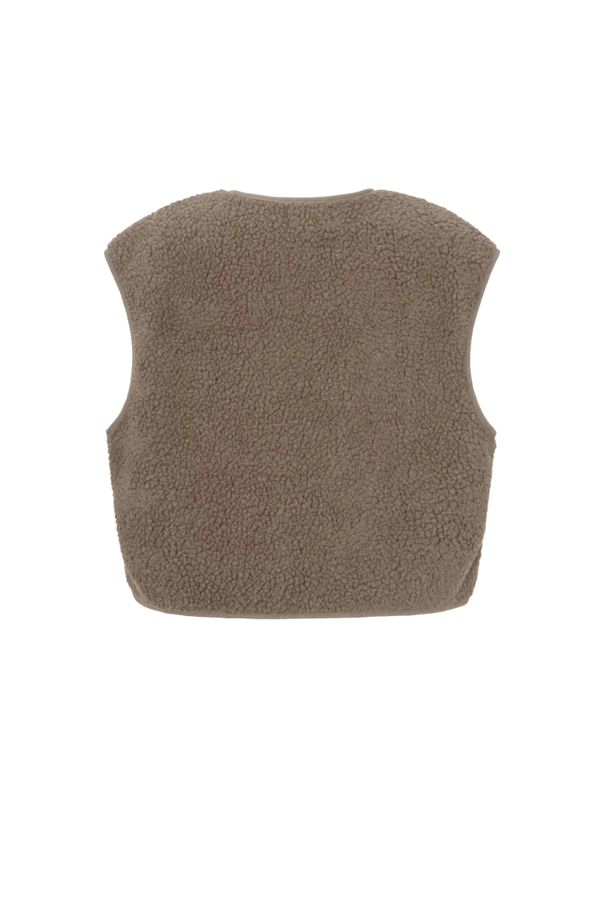 Bruine mouwloze teddy vest, achteraanzicht, plat weergegeven zonder model | Boutique Moda