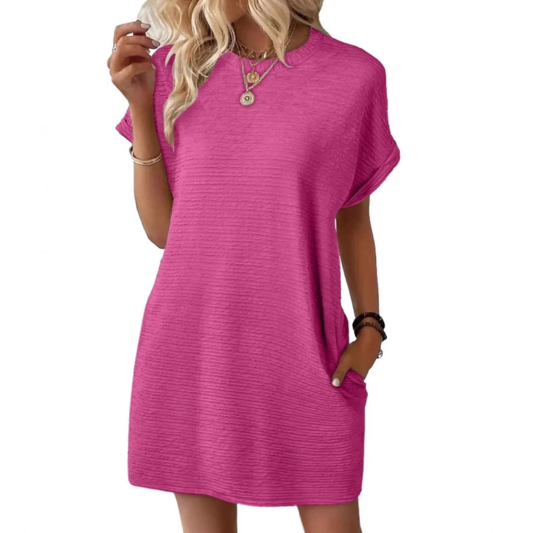 Thalia | Crew Neck Short Sleeve Textured Mini Dress with Pockets for Women 0
