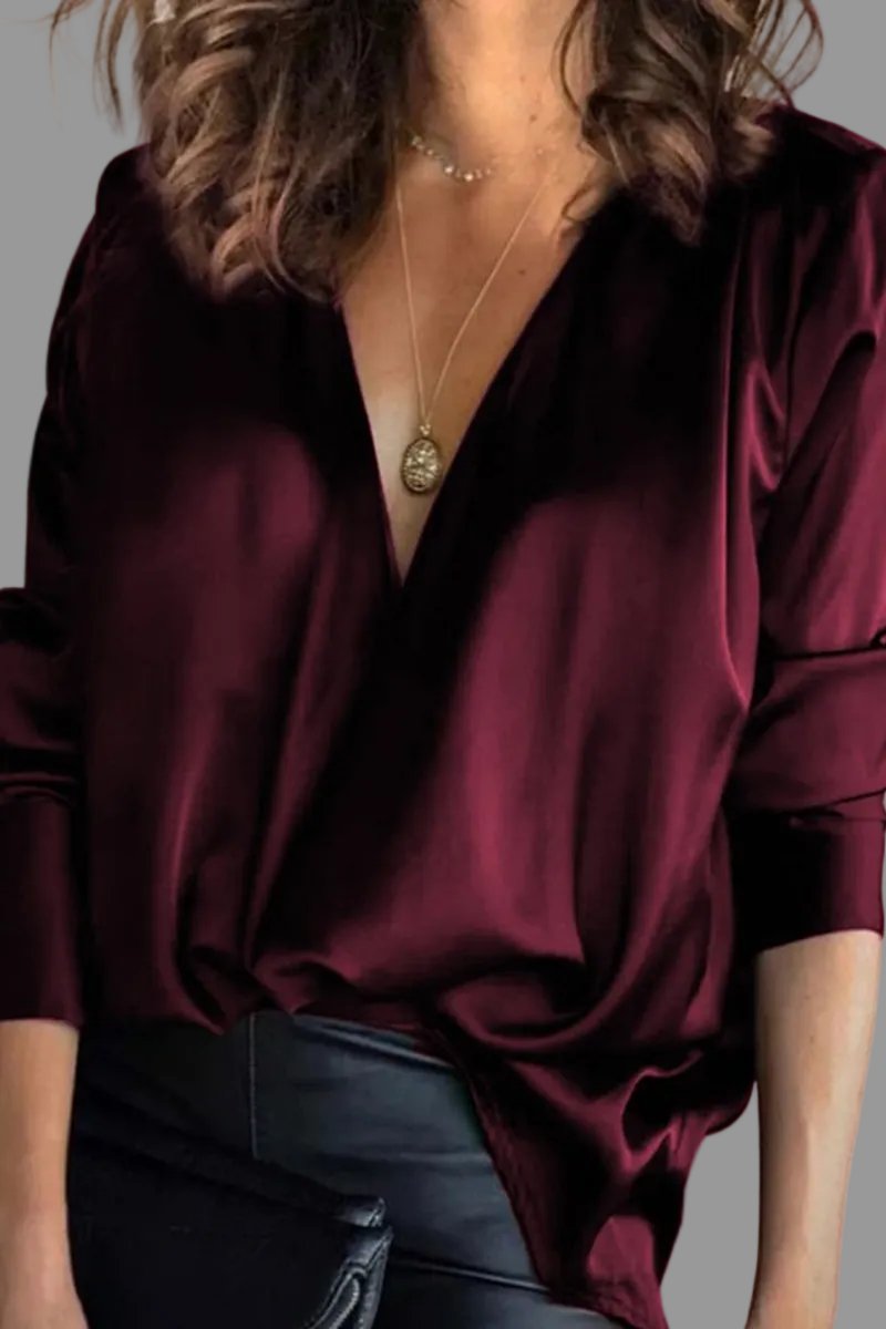 Top | Deep V-Neck Satin Draped Long Sleeve