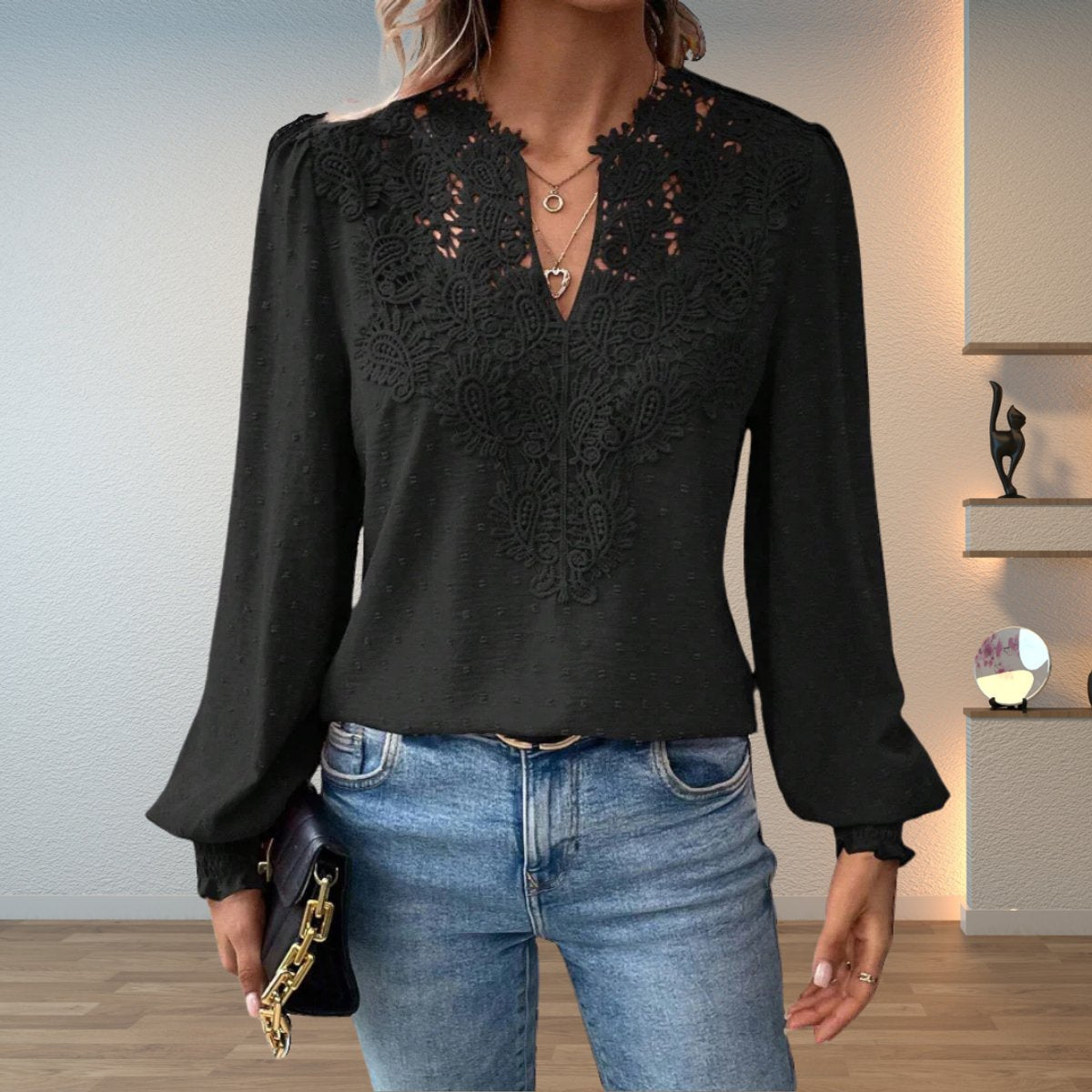 Top | Lace Bodice V-Neck Smocked Cuff