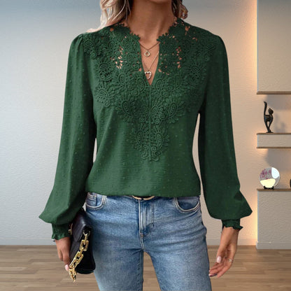 Top | Lace Bodice V-Neck Smocked Cuff