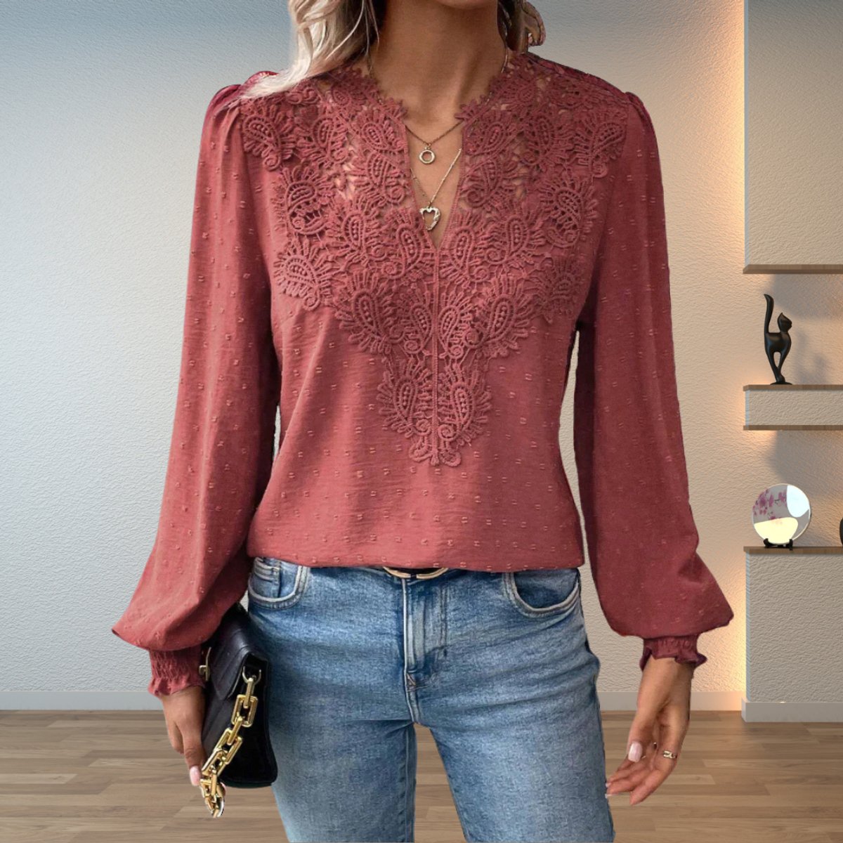 Top | Lace Bodice V-Neck Smocked Cuff
