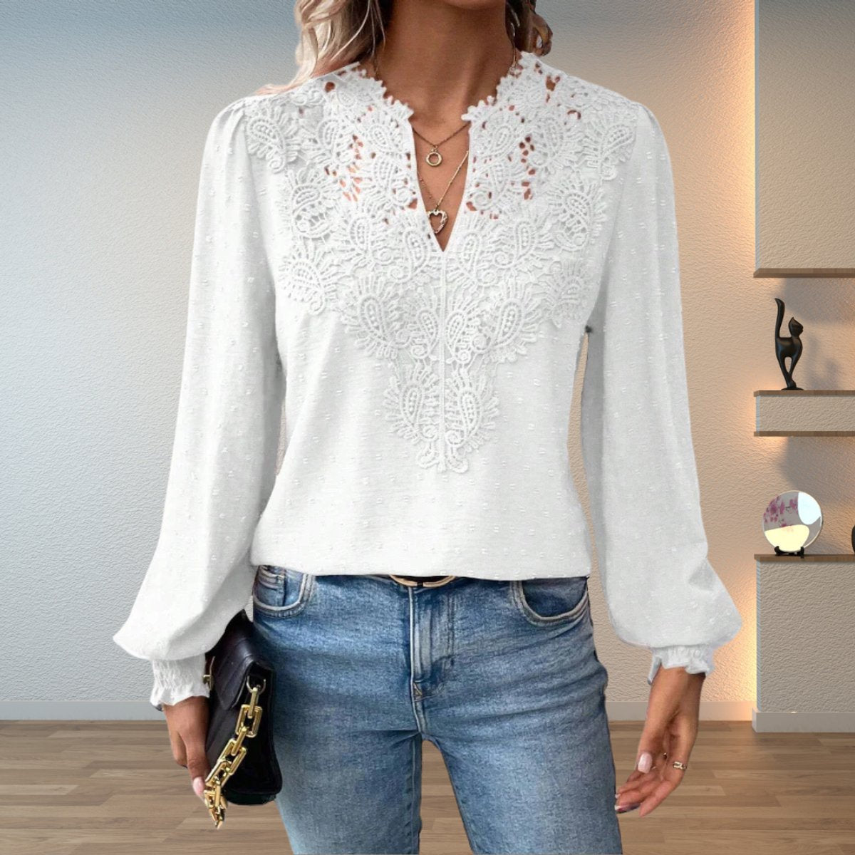Top | Lace Bodice V-Neck Smocked Cuff