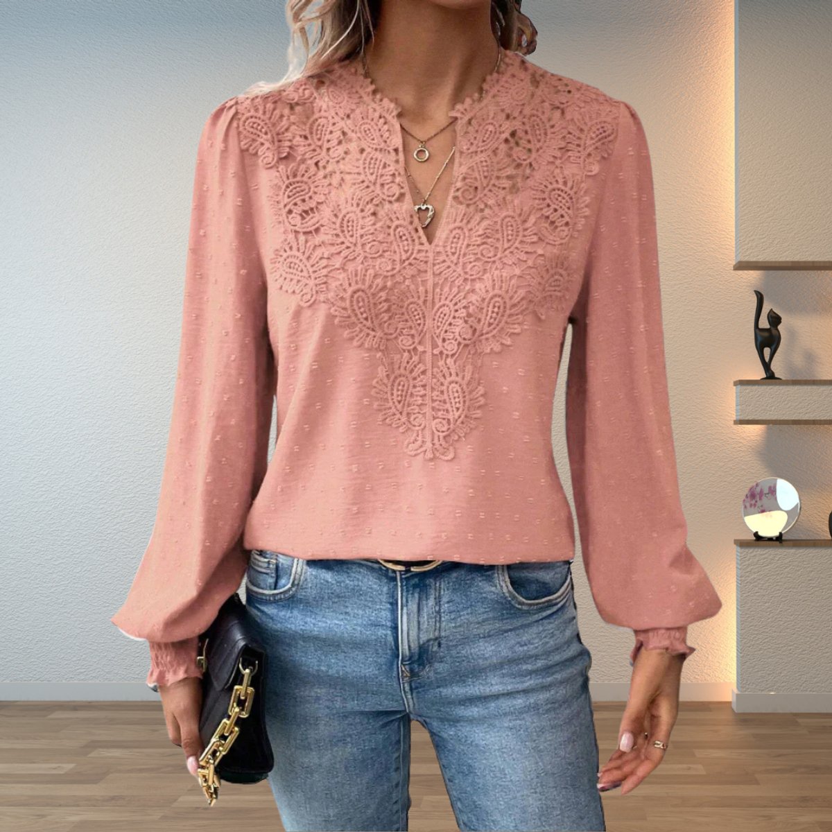 Top | Lace Bodice V-Neck Smocked Cuff