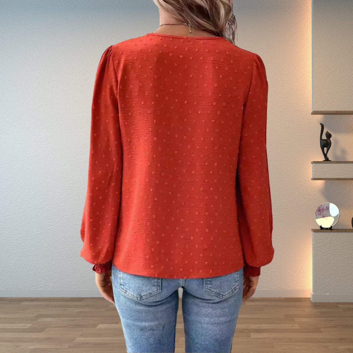 Top | Lace Bodice V-Neck Smocked Cuff
