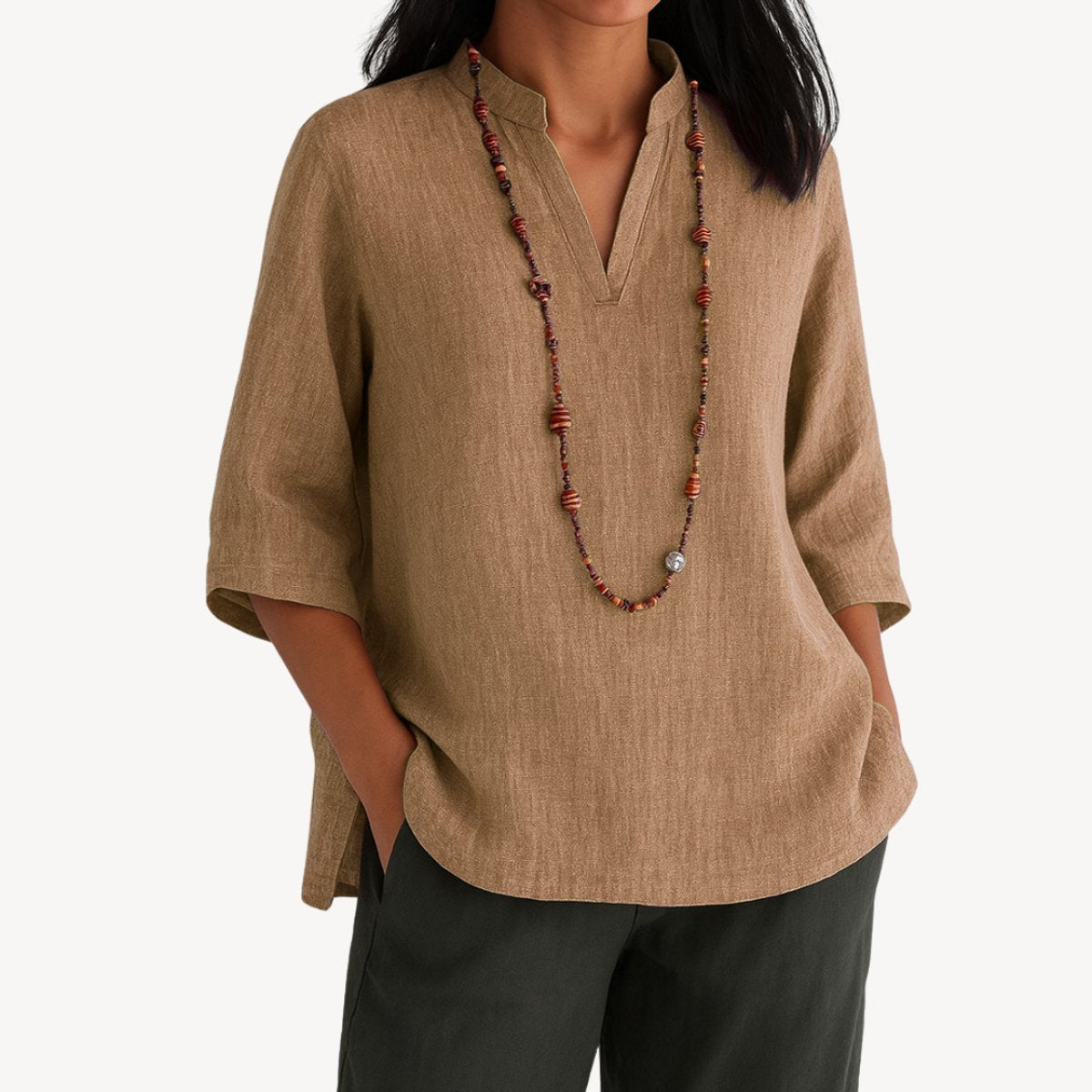 Top | Linen V-Neck Three-Quarter Sleeve Tunic