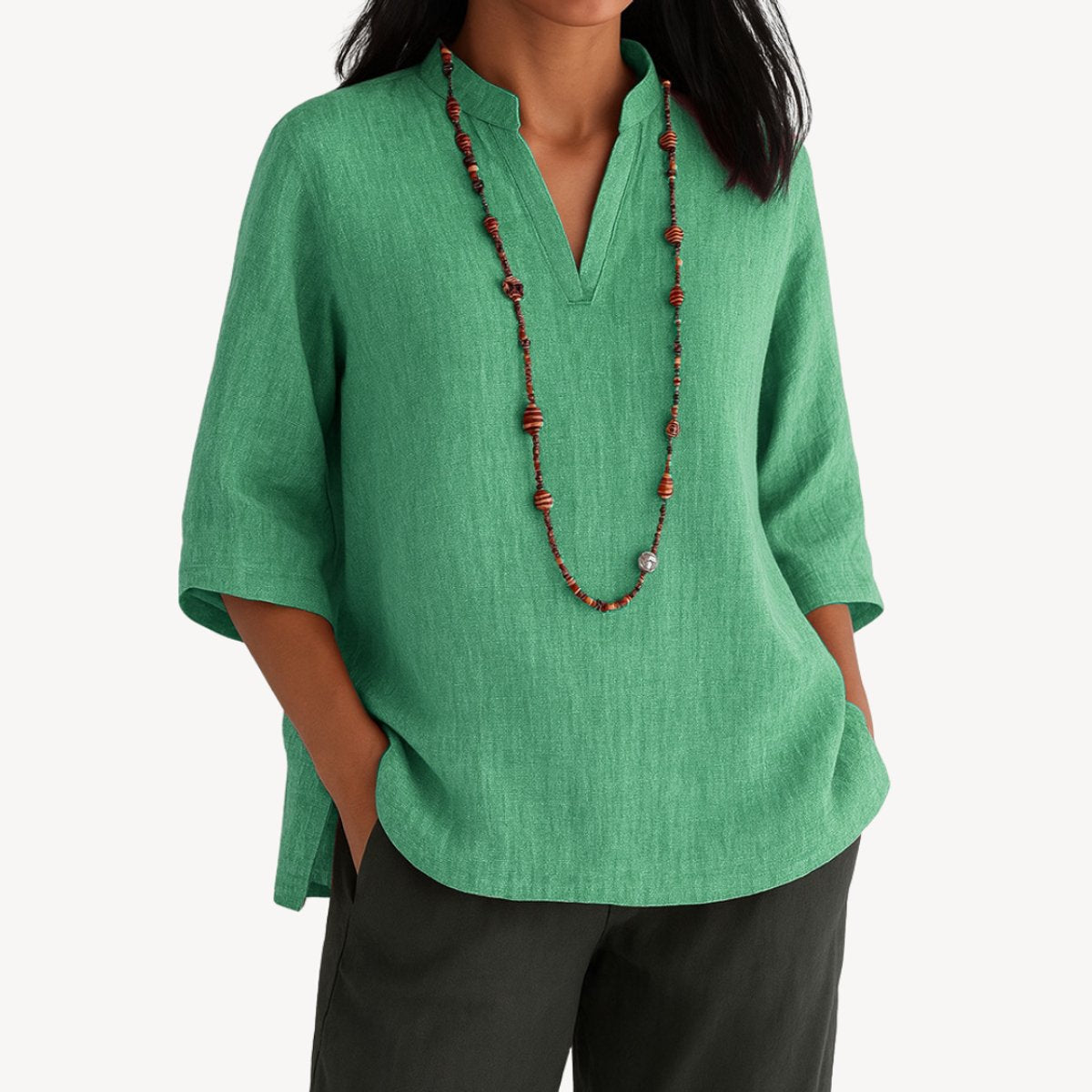 Top | Linen V-Neck Three-Quarter Sleeve Tunic