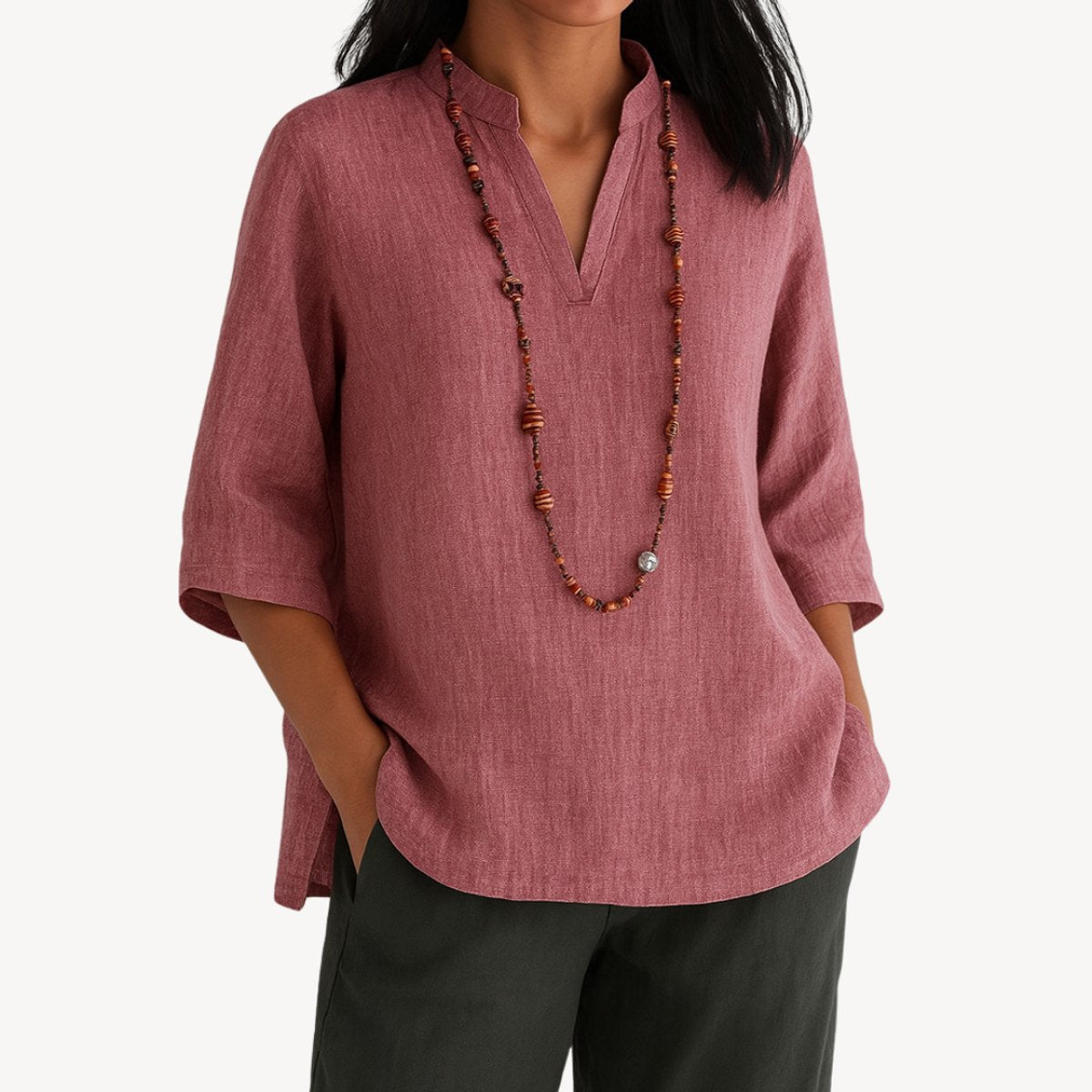 Top | Linen V-Neck Three-Quarter Sleeve Tunic
