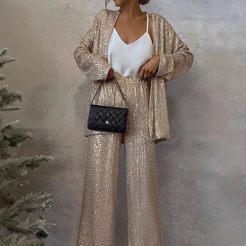 Women's Two Piece Set | Sequin Duster, Wide-Leg Trousers