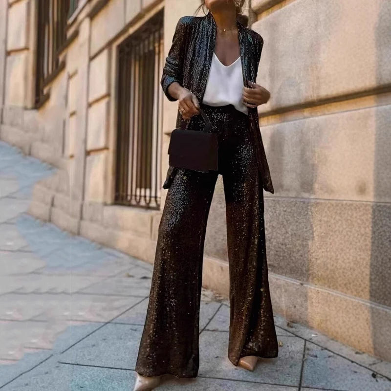 Women's Two Piece Set | Sequin Duster, Wide-Leg Trousers