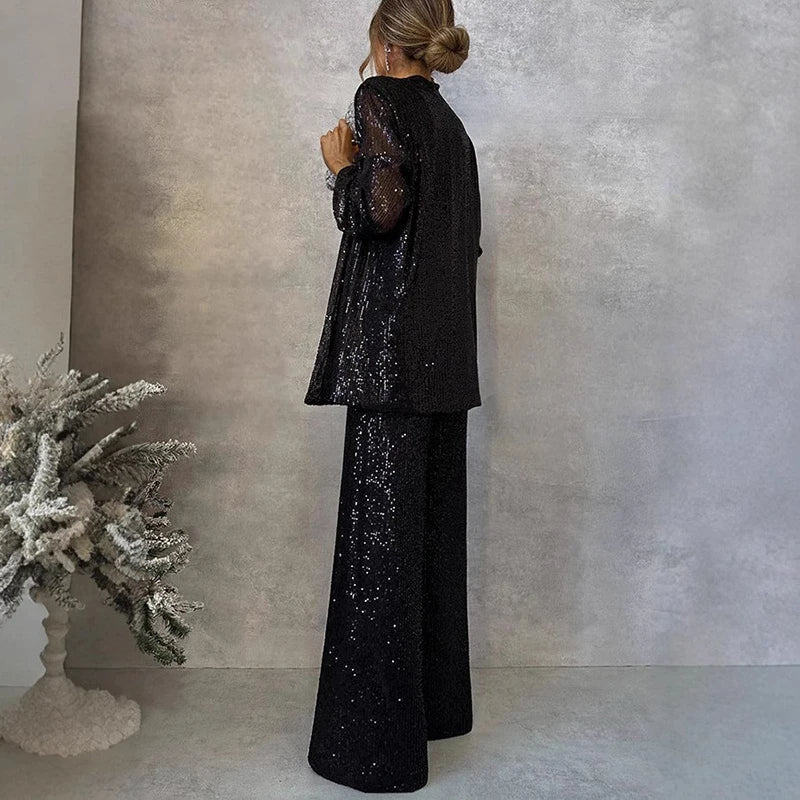 Women's Two Piece Set | Sequin Duster, Wide-Leg Trousers