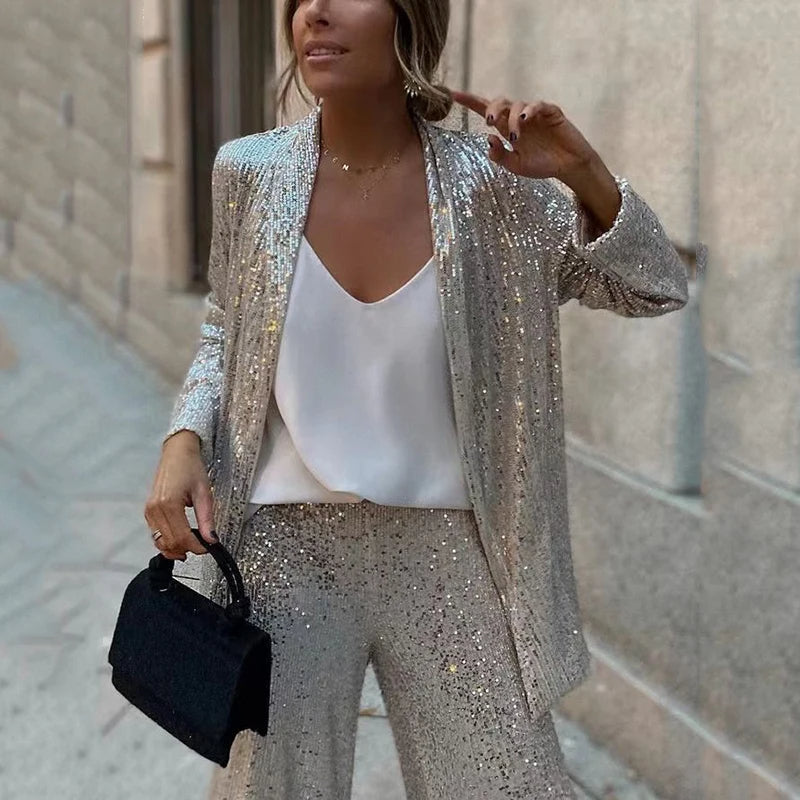 Women's Two Piece Set | Sequin Duster, Wide-Leg Trousers