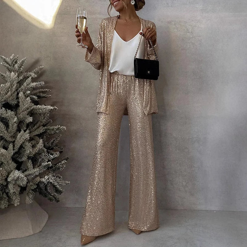 Women's Two Piece Set | Sequin Duster, Wide-Leg Trousers