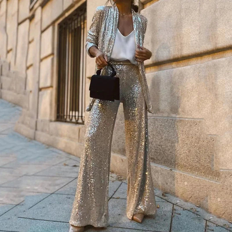 Women's Two Piece Set | Sequin Duster, Wide-Leg Trousers