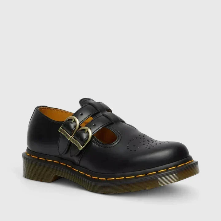 Black double buckle leather mary jane shoes with chunky sole, front view