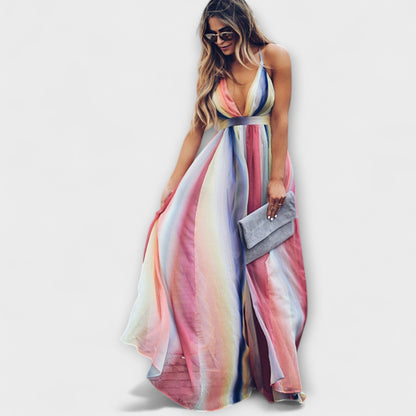 V-Neck Multicolored Striped Women's Dress for Every Occasion