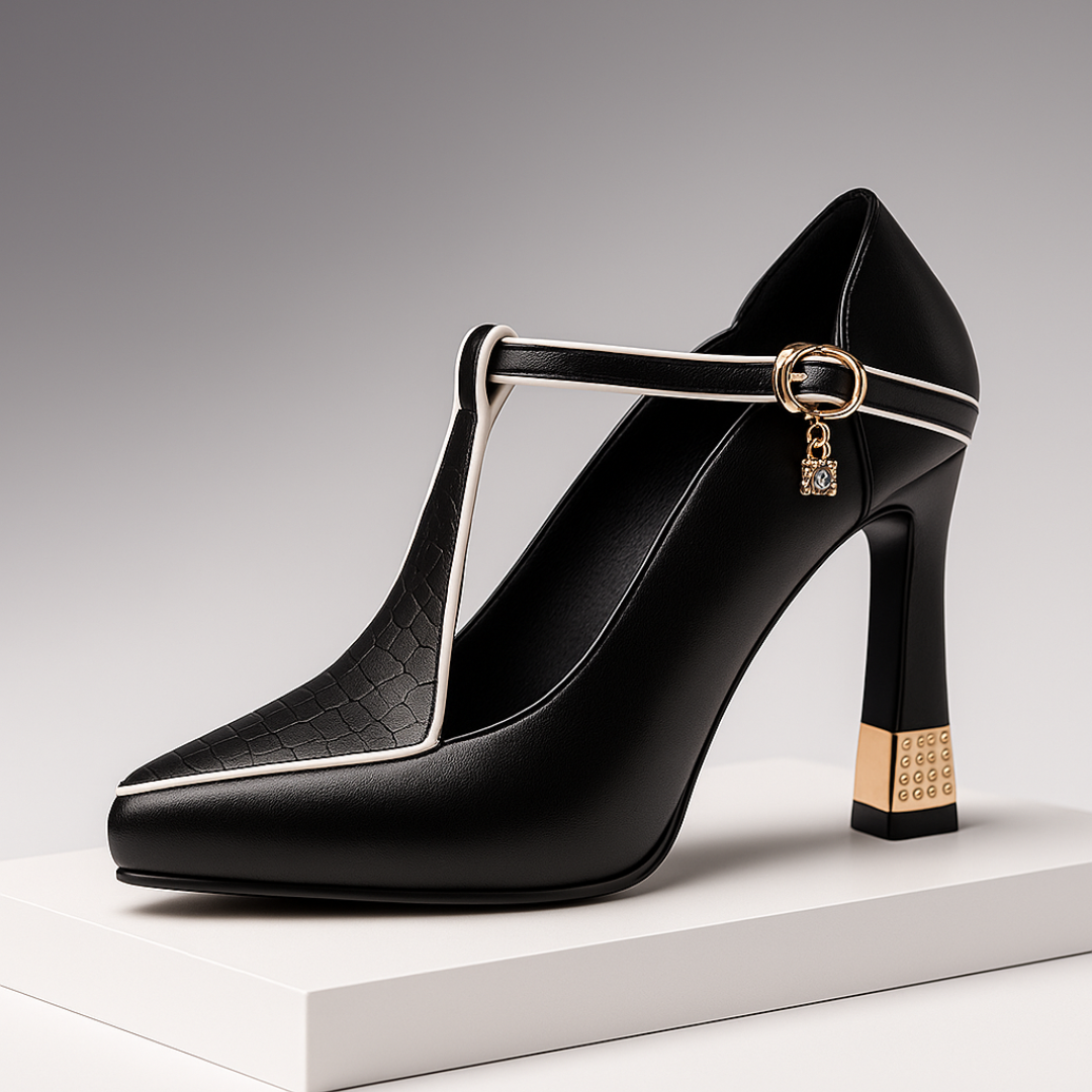 Women's Heels | T-Strap Pointed Toe & Gold Charm Buckle Detail