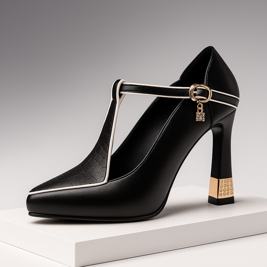 Women's Heels | T-Strap Pointed Toe & Gold Charm Buckle Detail