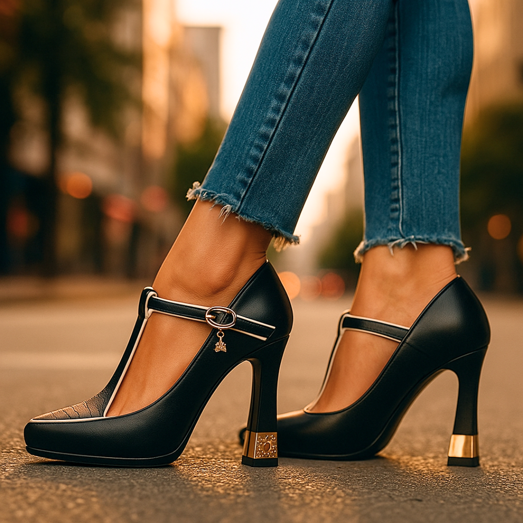 Women's Heels | T-Strap Pointed Toe & Gold Charm Buckle Detail