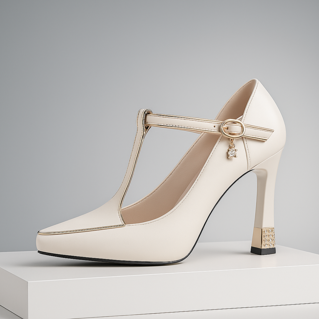 Women's Heels | T-Strap Pointed Toe & Gold Charm Buckle Detail