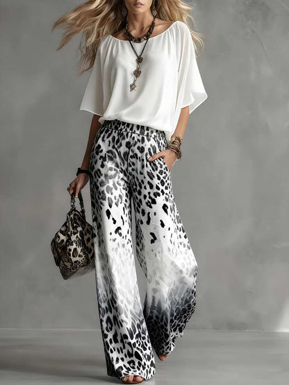 WHITE BLOUSE & OMBRÉ LEOPARD TROUSERS SET 0