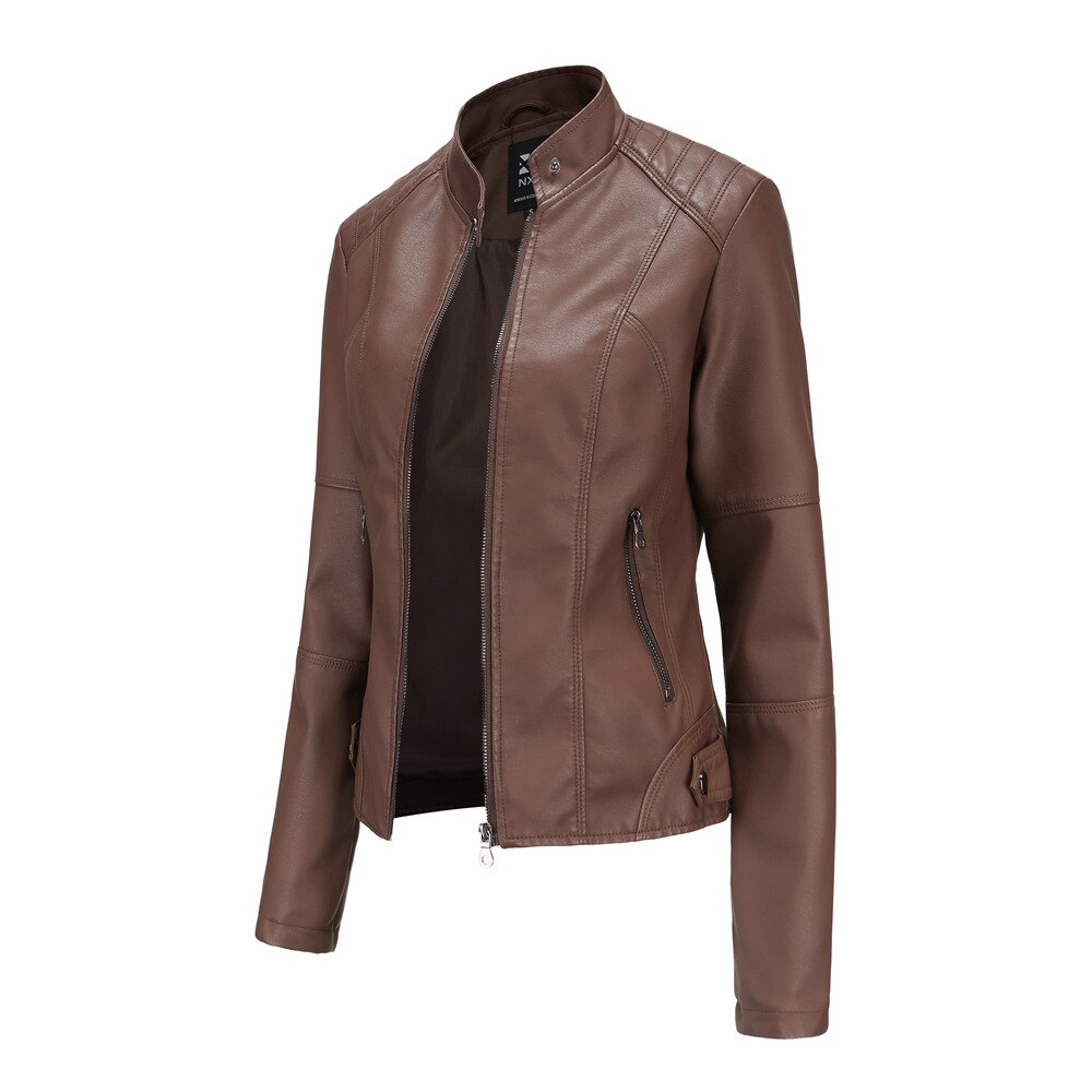 Violet PU Leather Biker Jacket in Coffee