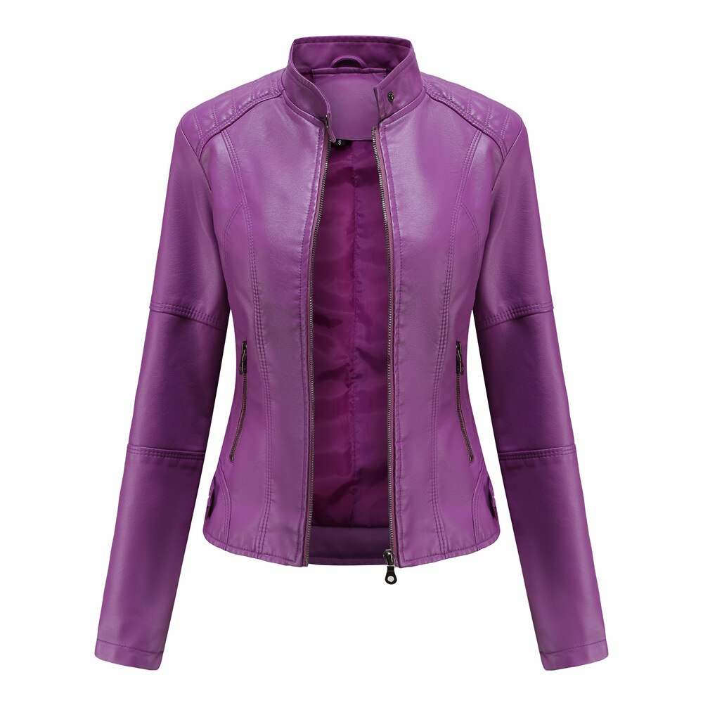 Purple PU Leather Biker Jacket