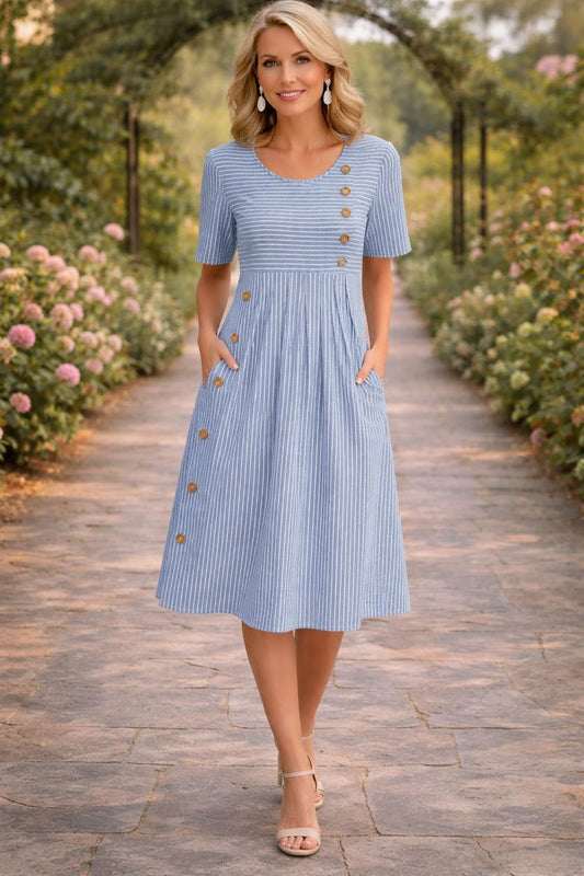 Women's Midi Dress | Striped Button Detail