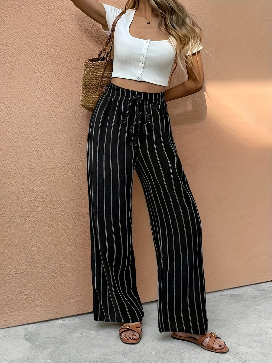 Wide Leg Trousers | Striped Drawstring High-Waist